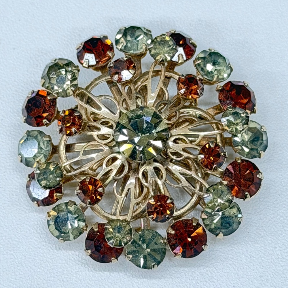 Vintage Gold Tone Smoky Grey Amber Rhinestone Sunburst Brooch Pin Starburst